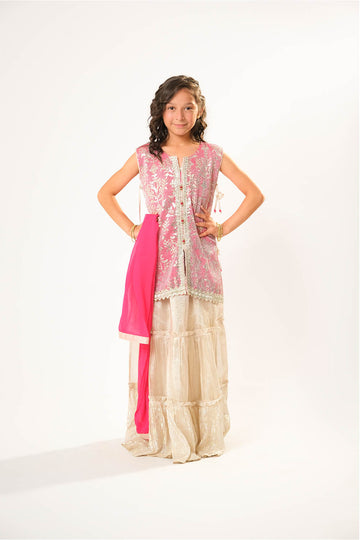 Kids formal clothes | Shocking Pink & Fawn | Formal 3 Piece Suit | Viscose Chiffon & Organza | KDD-03056